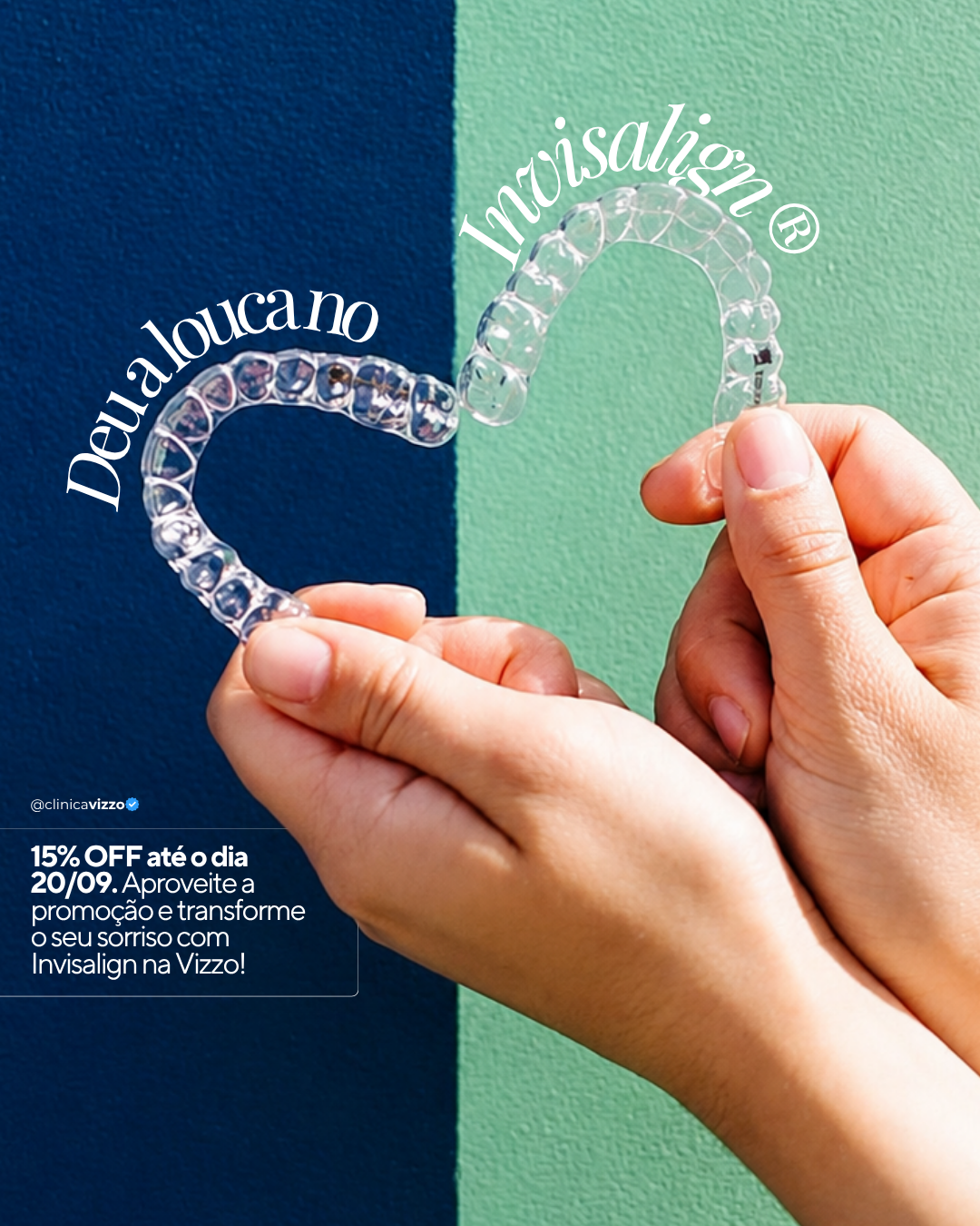 Alinhadores Invisalign formando um coração nas mãos de uma paciente